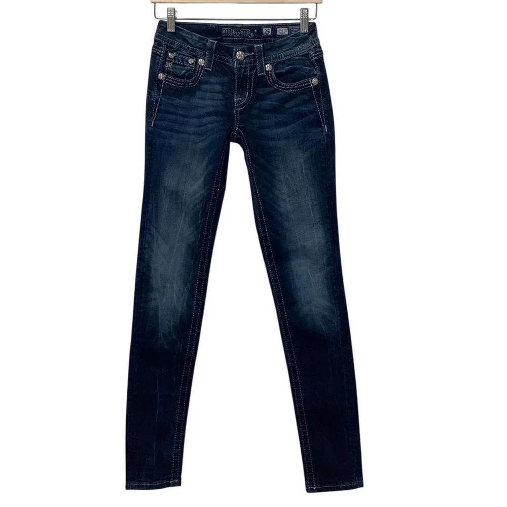 Miss‎ Me Dark Wash Signature Skinny Distressed Shiny Stitched Jeans 25